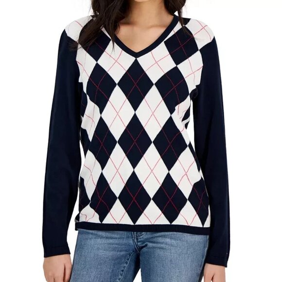 Tommy Hilfiger Argyle V-Neck Sweater in Black and Cream - Size M - Picture 1 of 10